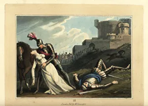Medieval knight in armour holding a swooning lady Medieval knight in armour holding a swooning lady