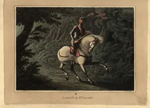 Medieval knight in armour on horseback lost in a forest Medieval knight in armour on horseback lost in a forest