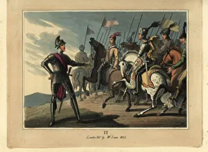 Medieval knight in armour with troop of mounted knights Medieval knight in armour with troop of mounted knights