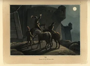 Medieval knight in armour with troops outside a castle Medieval knight in armour with troops outside a castle