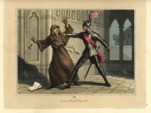 Medieval knight in suit of armour fighting a monk Medieval knight in suit of armour fighting a monk