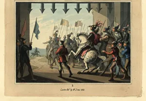 Medieval knights in armour on horseback under a portcullis Medieval knights in armour on horseback under a portcullis