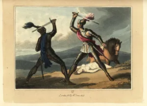 Medieval knights fighting a duel with swords Medieval knights fighting a duel with swords
