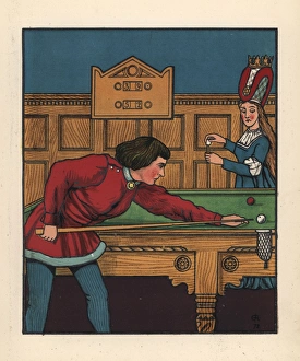 Medieval man playing a game of snooker Medieval man playing a game of snooker