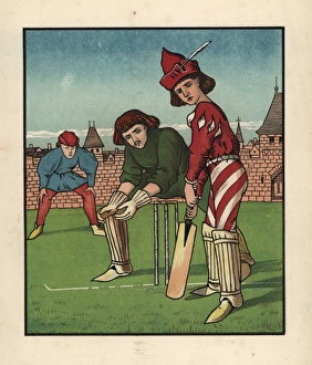 Medieval youth at bat in a game of cricket on a green Medieval youth at bat in a game of cricket on a green