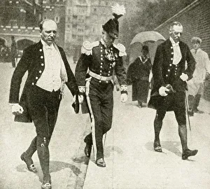 Men in court dress and uniform in a London street Men in court dress and uniform in a London street