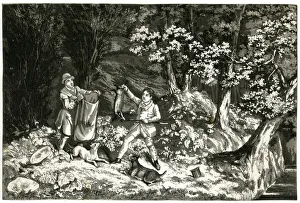 Two men with dogs, hunting badgers in a wood Two men with dogs, hunting badgers in a wood