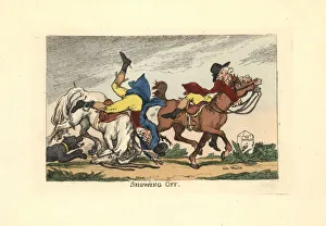 Two men falling off their horses after showing off Two men falling off their horses after showing off
