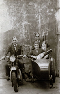 Two men and a lady on 1929 Coventry Eagle motorcycle & sidec Two men and a lady on 1929 Coventry Eagle motorcycle & sidec