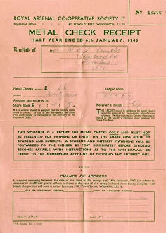 Metal Check Receipt, Royal Arsenal Co-Operative Society, WW2