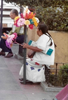 Tijuana Gallery: Mexican woman sitting with paper tissue flower arrangments