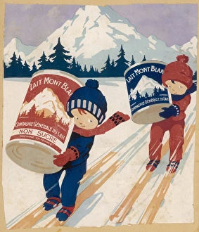 <b class=qtipBold><figcaption>Milk Advertisement</figcaption></b><br>Two children on skis carry cartons of Mont Blanc milk - with added sugar or without, according to taste.<br><em>© Mary Evans Picture Library</em> Milk Advertisement