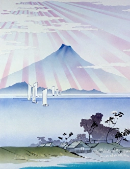<b class=qtipBold><figcaption>Moods of Mount Fuji - 1</figcaption></b><br>A stylised view of Mount Fuji in Japan, in the style of the famed Japanese woodcut printmakers of the late 18th and 19th centuries. Painting by Malcolm Greensmith.<br><em>© Mary Evans/Malcolm Greensmith Collection</em> Moods of Mount Fuji - 1