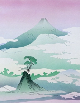 <b class=qtipBold><figcaption>Moods of Mount Fuji - 2</figcaption></b><br>A stylised view of Mount Fuji in Japan, in the style of the famed Japanese woodcut printmakers of the late 18th and 19th centuries. Painting by Malcolm Greensmith.<br><em>© Mary Evans/Malcolm Greensmith Collection</em> Moods of Mount Fuji - 2