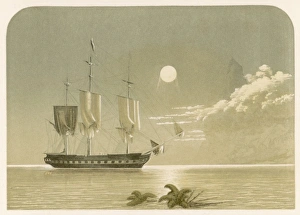 <b class=qtipBold><figcaption>Moonlit Ship in Calm</figcaption></b><br>Becalmed on a moonlit night without a breath of wind - the sails of this three-master hang limply as she hardly moves through the water.<br><em>© Mary Evans Picture Library</em> Moonlit Ship in Calm