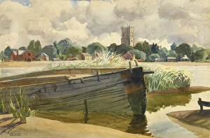 Moored boat and Christchurch Priory, Dorset Moored boat and Christchurch Priory, Dorset