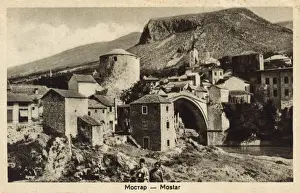 Prints of Mostar - the 16th century Ottoman Bridge (Stari Most) over the Neretva River, Bosnia and Herzegovina, designed by the architect Mimar Hayruddin. Date: circa 1910s Bosnia And Herzegovina Prints: Mostar Bridge (Stari Most) Print, circa 1910s