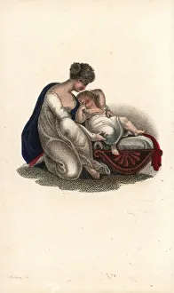 Mother putting her child into a cradle Mother putting her child into a cradle