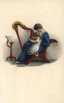 Mother teaching her child to play the harp in a music lesson Mother teaching her child to play the harp in a music lesson