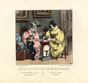 Two mothers in a parlor with their sons, 19th century Two mothers in a parlor with their sons, 19th century
