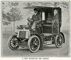 Upholstery Gallery: Motor cab in a London street 1905