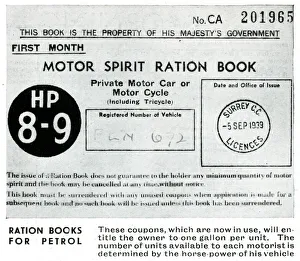Motor spirit ration book front cover, September 1939 Motor spirit ration book front cover, September 1939