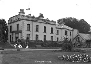 Prints of Moyallon House - an oblique side view of a large mansion with a family group outside to the left (belongs to Richardson s). (Location: Northern Ireland; County Armagh; Moyallon) County Armagh Prints: Moyallon House Print - Early 1900s, Northern Ireland