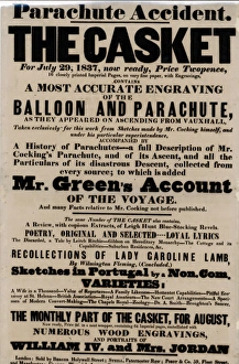 <b class=qtipBold><figcaption>Mr. Cocking's Parachute</figcaption></b><br>Poster for The Casket July 29 1837 advertising A History of Parachutes recording a full description of Mr. Cocking's Parachute, and of its Ascent, and all the Particulars of its Disastrous Descent, and Mr. Charles Green's Account of the Voyage and many facts relative to Mr. Cocking not published before. Date: 1837<br><em>© The Royal Aeronautical Society (National Aerospace Library)/Mary Evans Picture Library</em> Mr. Cocking's Parachute