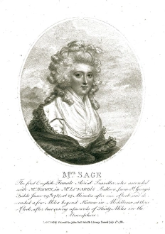 <b class=qtipBold><figcaption>Mrs. Sage</figcaption></b><br>Mrs. Sage - first British female aviator. Date: circa 1785<br><em>© The Royal Aeronautical Society (National Aerospace Library)/Mary Evans Picture Library</em> Mrs. Sage