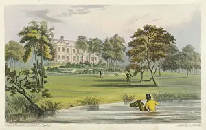 Prints of The seat of John Mytton (1796- 1834), the eccentric English squire of Halston, Shropshire. The view is from the back showing a circular garden and extensive parkland. Date: 1820s Shropshire Prints: Print of Mytton Hall, showing a circular garden and parkland
