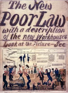 Prints of Anti-Poor Law poster c. 1834 showing the interior of an English workhouse under the new laws Date: c. 1834 Politic Prints: Anti-Poor Law Print: English Workhouse Interior c. 1834