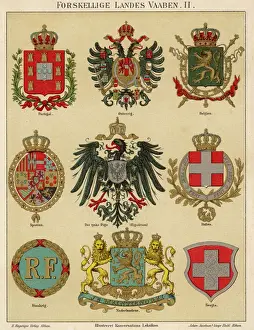 Prints of Coats of arms of various countries: Portugal, Austria, Belgium, Spain, Riga, Italy, France, Netherlands, Sweden. (2 of 2) Latvia Prints: National Coats of Arms Print: European Heraldry
