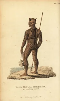 Native man of Nuku Hiva with spear and skull Native man of Nuku Hiva with spear and skull