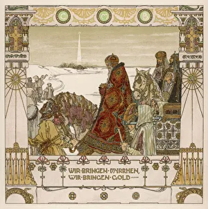 <b class=qtipBold><figcaption>Nativity / Magi Travel</figcaption></b><br>'WIR BRINGEN MYRRHEN, WIR BRINGEN GOLD...' The Three Kings bring myrrh, gold and frankincense to Jesus<br><em>© Mary Evans Picture Library</em> Nativity / Magi Travel