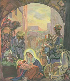 <b class=qtipBold><figcaption>Nativity Scene</figcaption></b><br>A tranquil Nativity scene showing the three kings arriving to present their gifts of gold, Frankincense and myrrh to the newborn baby Jesus.<br><em>© Mary Evans/Peter & Dawn Cope Collection</em> Nativity Scene