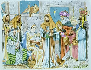 Lamb Gallery: Nativity scene, with the Three Kings bearing gifts