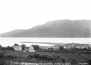 Prints of The Neb of Killowen and Killowen Village Co. Down - a view looking down on a village with sand bar, Lough and Mountain behind. (Location: Northern Ireland; County Down; Killowen) Down Prints: The Neb of Killowen Print, Co. Down, Northern Ireland