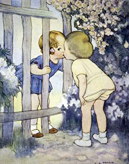 <b class=qtipBold><figcaption>A Neighbourly Kiss</figcaption></b><br>Illustration by Susan Pearse showing two children kissing through a gap in a garden fence. Susan Pearse was a regular contributor to the Sphere and other ILN titles. Her illustrations in childrens' books and on posters (including the Start-rite shoes children still in use today) recall the style of Mabel Lucie Attwell and Honor Bishop.<br><em>© Mary Evans Picture Library 2015 - https://copyrighthub.org/s0/hub1/creation/maryevans/MaryEvansPictureID/10215519</em> A Neighbourly Kiss