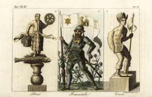 Prints of Ancient Germanic deities: Irmensula, god of the Saxons and Westphalians depicted in medieval armour 1, Crodo or Cronus (Saturn) with spear and shield 2, and Prono or Brennus Giulio Ferrario Prints: Ancient Germanic Gods: Irmensula, Crodo and Prono Print