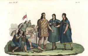 Prints of Araucanian Mapuche or Moluche leader with tunic and axe, women in woven dresses, and cavalry with spear and pennant Giulio Ferrario Prints: Araucanian Mapuche Leader with Tunic and Axe Print, 1842