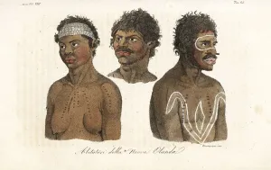 Prints of Australian aborigines with body painting and scarification. Woman Worogan from Sydney area, man with body painting Y-Erran-Gou-La-Ga, and head of man with moustache Giulio Ferrario Prints: Australian Aborigines with Body Painting Print, 1844