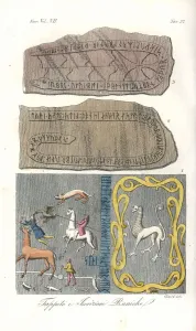 Handcoloured Engravings Prints: Carpet tapestry and Runic inscriptions of the Vikings