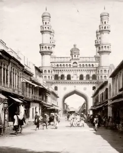 Prints of Charminar, Hyderabad, India, street scene, c.1890 s Historic Landmark Prints: Charminar Street Scene Print, Hyderabad, India c.1890