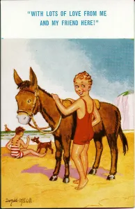 20th Century Comic Postcard Print: Boy with Donkey on Beach