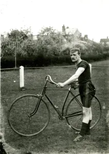 Prints of Worried-looking cyclist at St Johns Cycling Club races, Worcester. 1892 Worcester Prints: Cyclist at St Johns Cycling Club, Worcester Print 1892