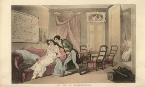 Handcoloured Copperplate Art Prints: English gentleman and sleeping woman in a hotel room