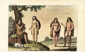 Prints of Farmers and hunters in ancient Germanic peoples. Hunters wear short woven tunics, the farmers are naked apart from a short cape. The farmers hold a hoe and jug. From Philipp Kluvers Germania Antiqua Giulio Ferrario Prints: Farmers and Hunters in Ancient Germanic Peoples Print, 1837