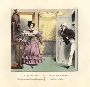 Prints of Gentleman with cane and top hat interrupting a lady at her toilette. Hello, how nice to see you! (You beast!) Fashion Prints: Social Etiquette Satire Print, 1829