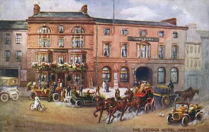 Prints of The George Hotel, Penrith, Cumberland, the Hotel de Luxe of the North, ideal for touring the Lake District. Date: circa 1910 Cumberland Prints: The George Hotel, Penrith, circa 1910 Print