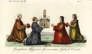 Prints of Gian Galeazzo Visconti 1 and his sons Filippo Maria 2, Gian Maria 3 and Gabriele Maria 4. Filippo holds a model of Certosa di Pavia, a monastery in Pavia, Lombardy Giulio Ferrario Prints: Gian Galeazzo Visconti and His Sons, Handcoloured Print